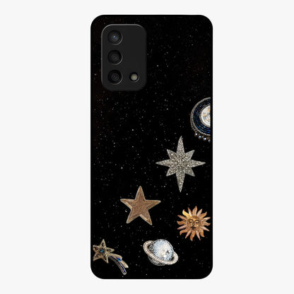 Galactic Charm Glow Glass Case showing flat back view with glowing celestial charm artwork and glossy glass finish.
