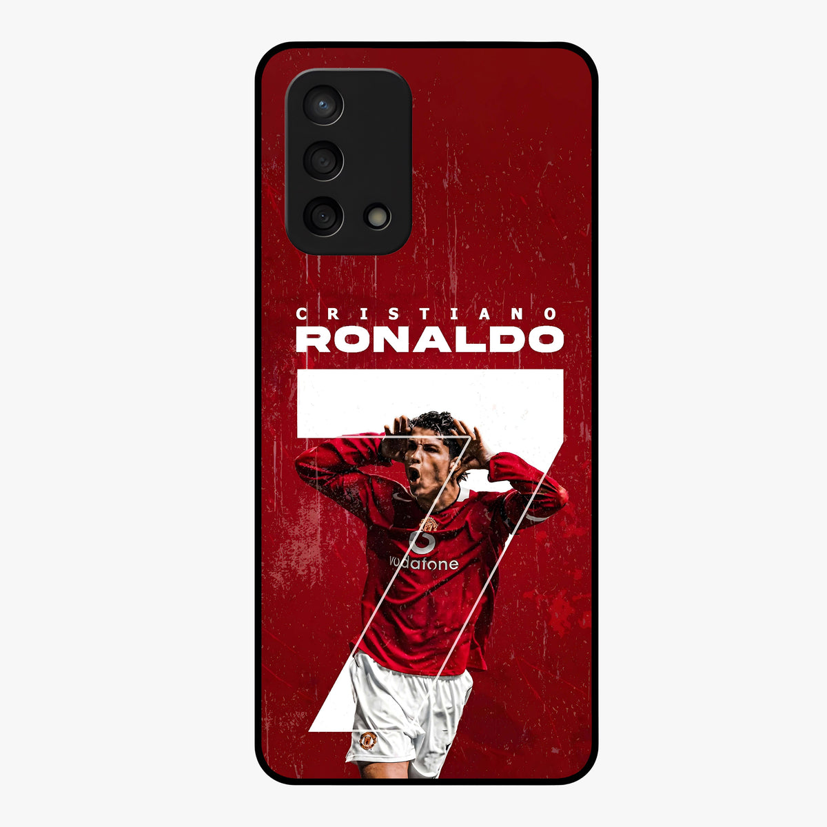 Goal Celebration Legacy Glass Case showing flat back view with football celebration inspired artwork and glossy glass finish.