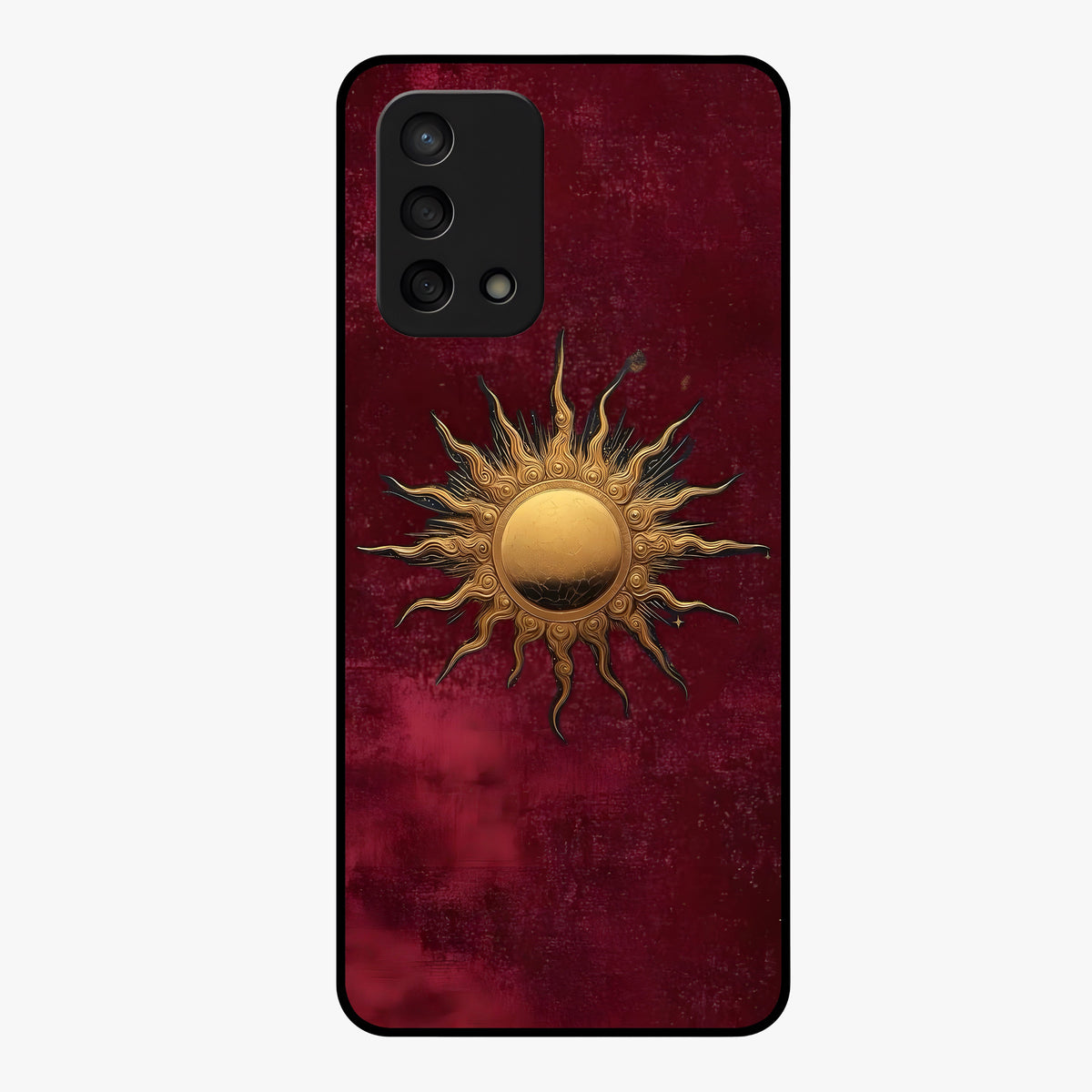 Gold Sun Blush Glass Case showing flat back view with golden sun inspired artwork and glossy glass finish.