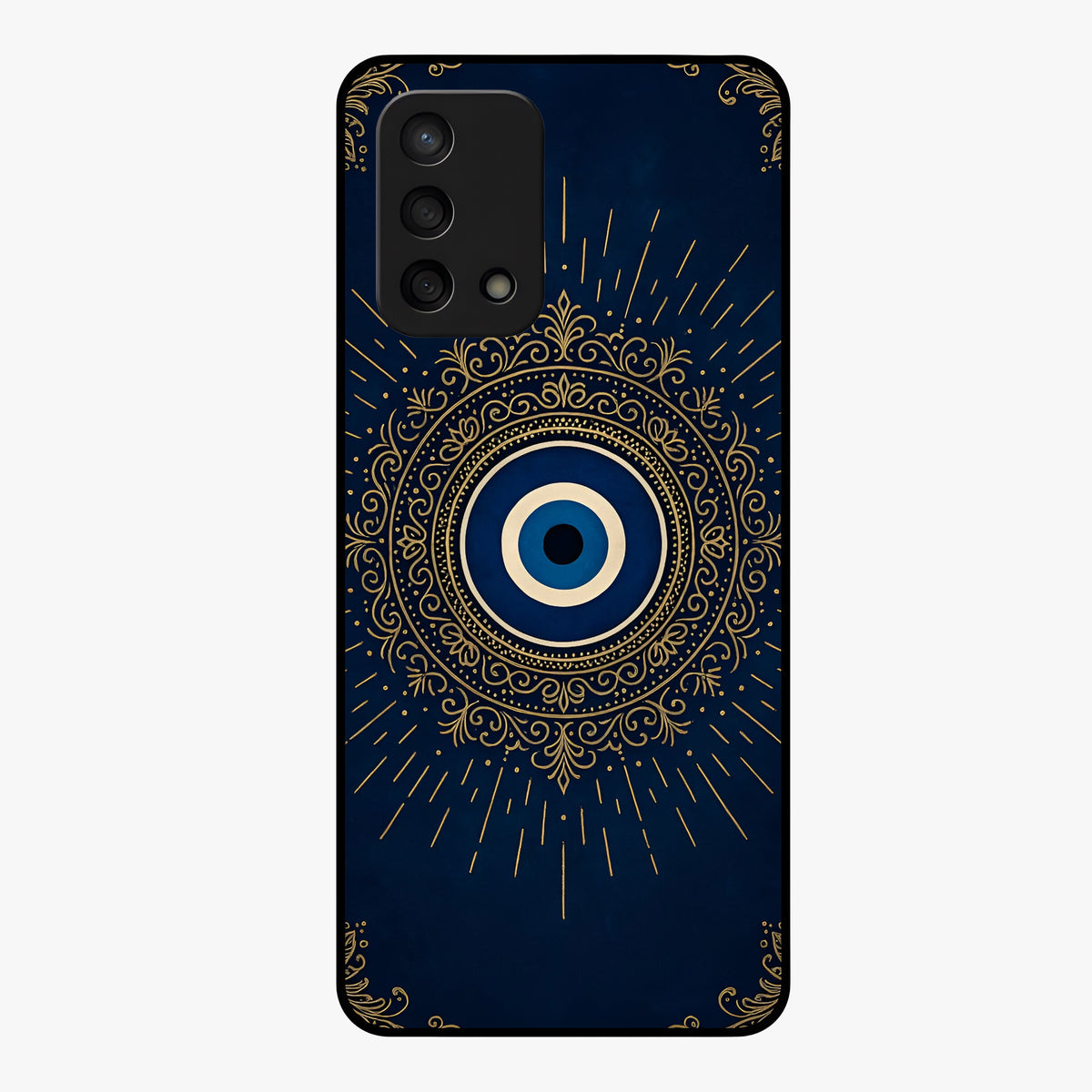 Golden Evil Eye Mandala Glass Case showing flat back view with intricate evil eye mandala artwork and glossy glass finish.