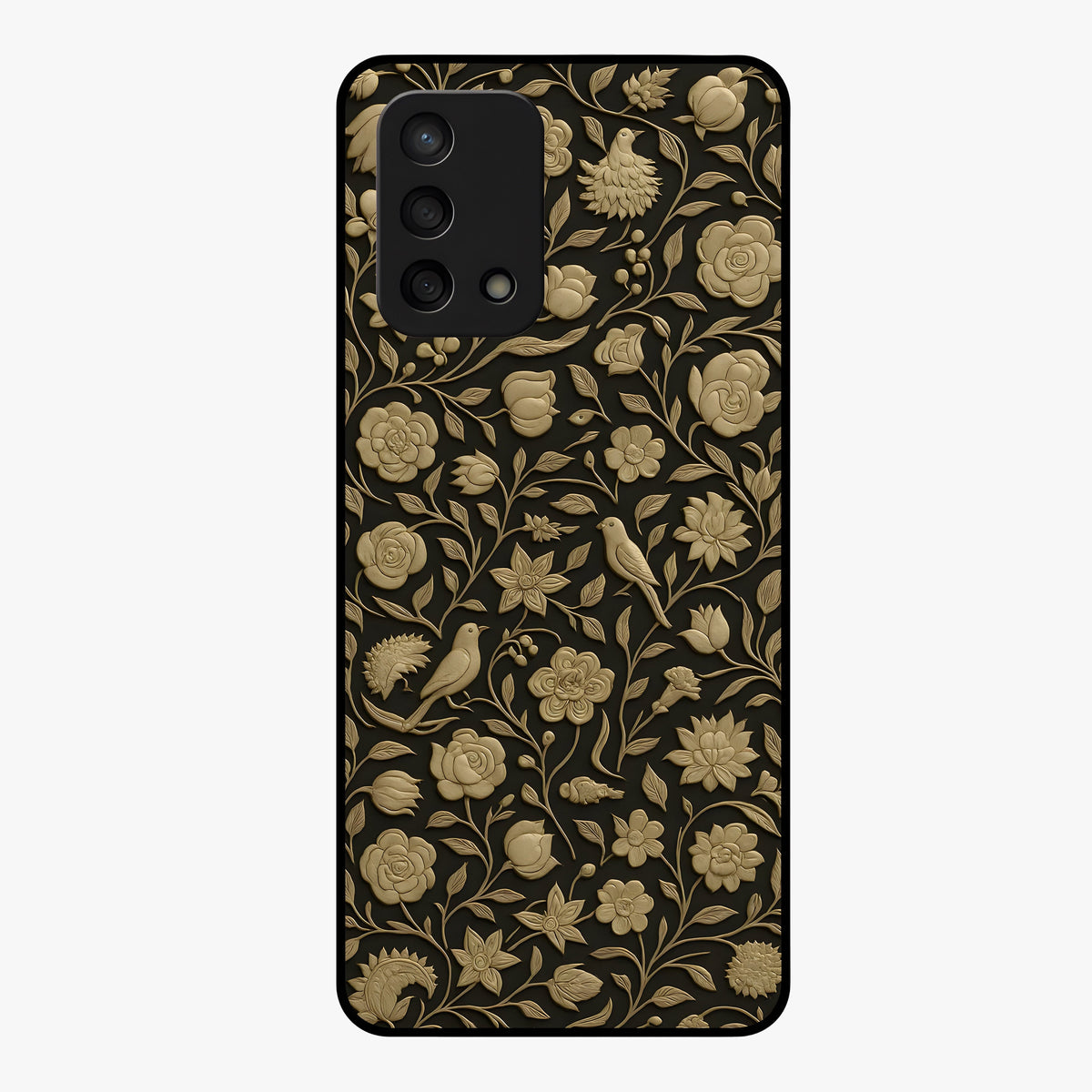 Golden Floral Majesty Glass Case showing flat back view with luxurious golden floral artwork and glossy glass finish.