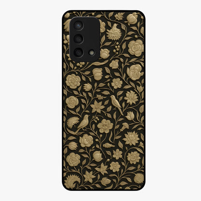 Golden Floral Majesty Glass Case showing flat back view with luxurious golden floral artwork and glossy glass finish.