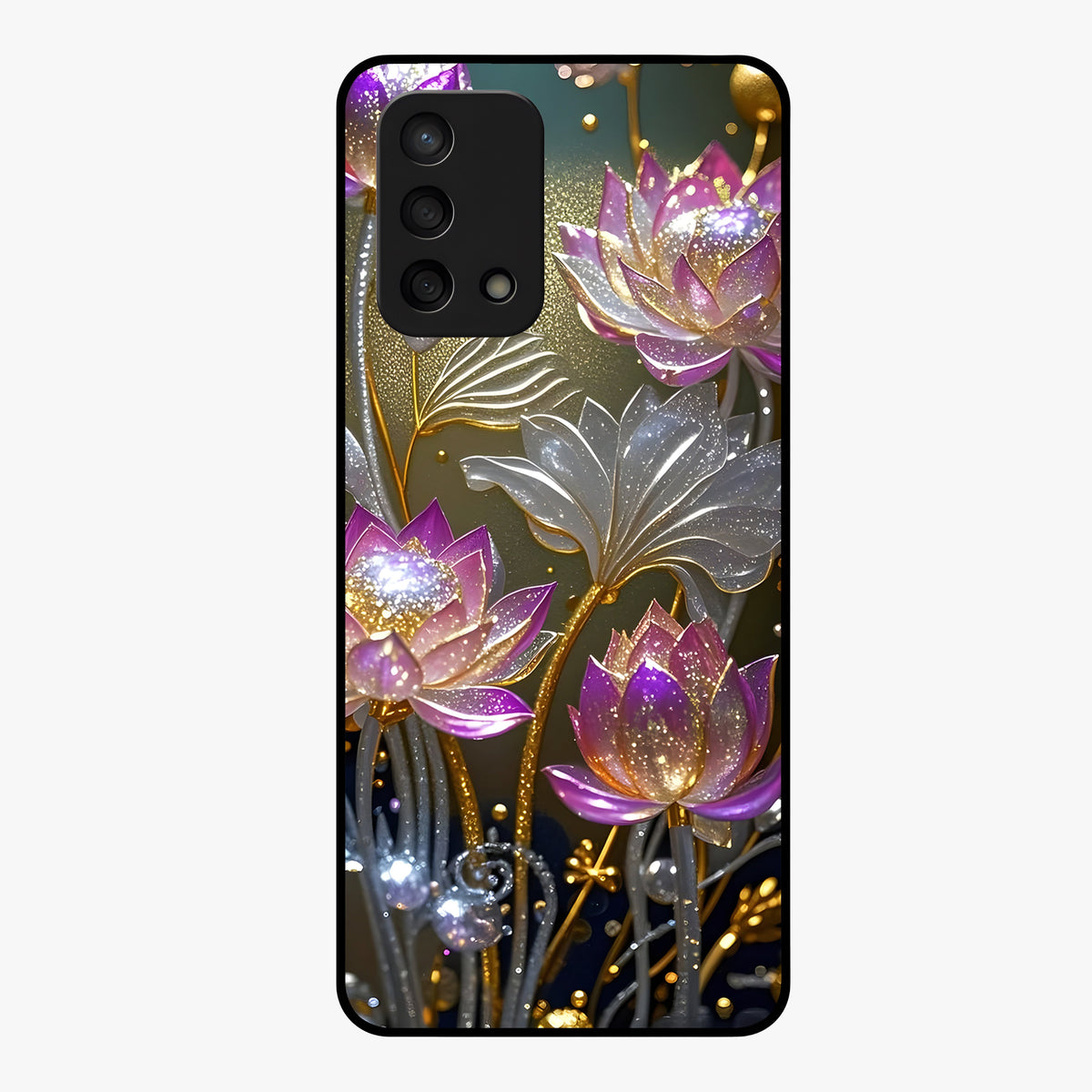 Golden Lotus Glow Glass Case showing flat back view with glowing lotus flower artwork and glossy glass finish.
