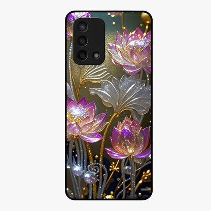 Golden Lotus Glow Glass Case showing flat back view with glowing lotus flower artwork and glossy glass finish.