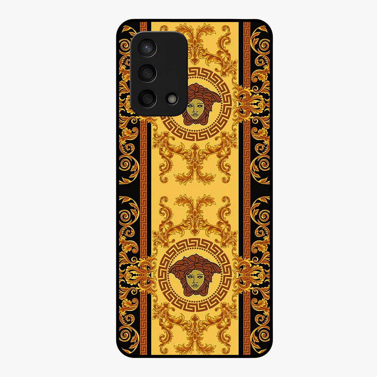 Golden Royal Heritage Glass Case showing flat back view with ornate royal pattern artwork and glossy glass finish.