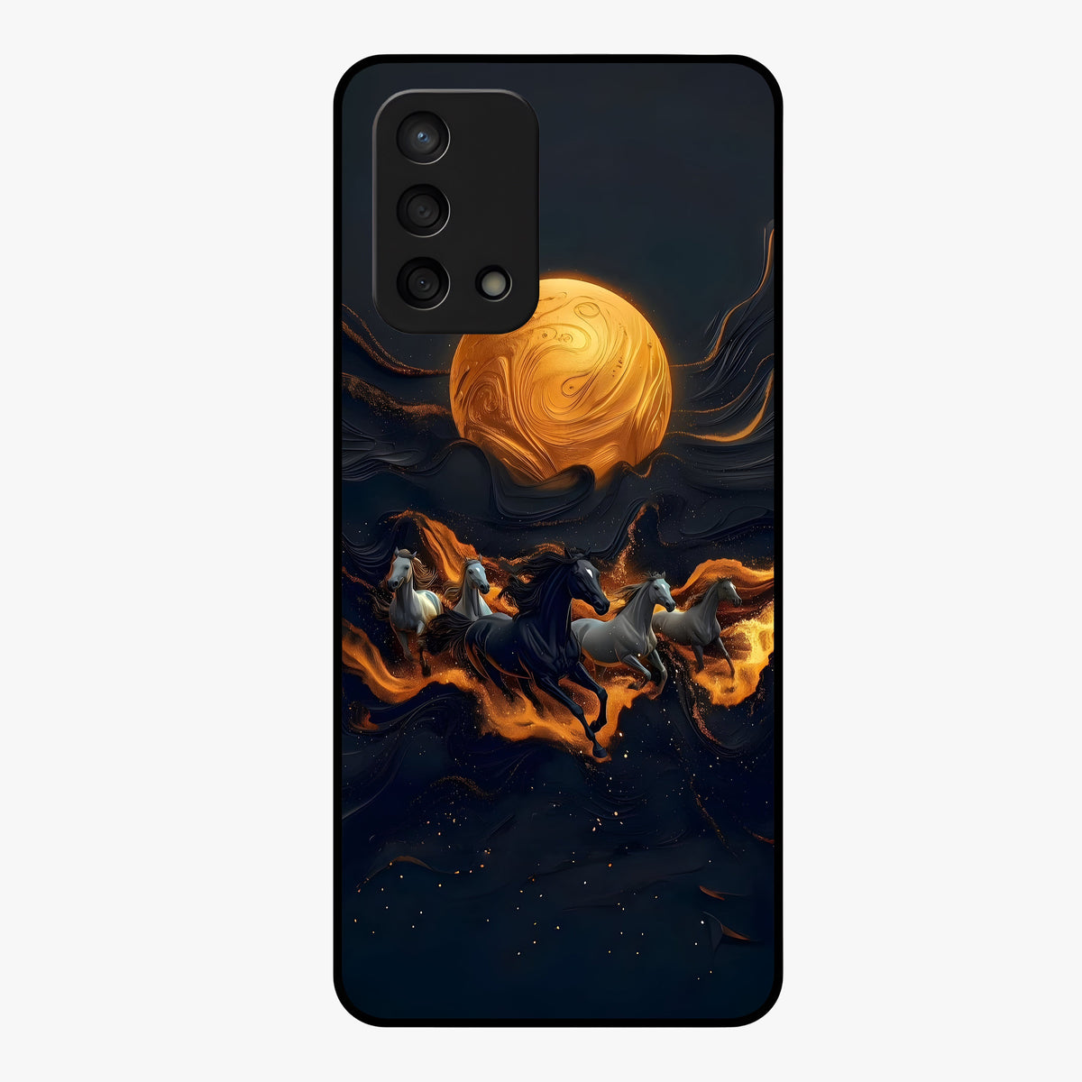 Golden Stallion Moonride Glass Case showing flat back view with majestic horse under moonlight artwork and glossy glass finish.