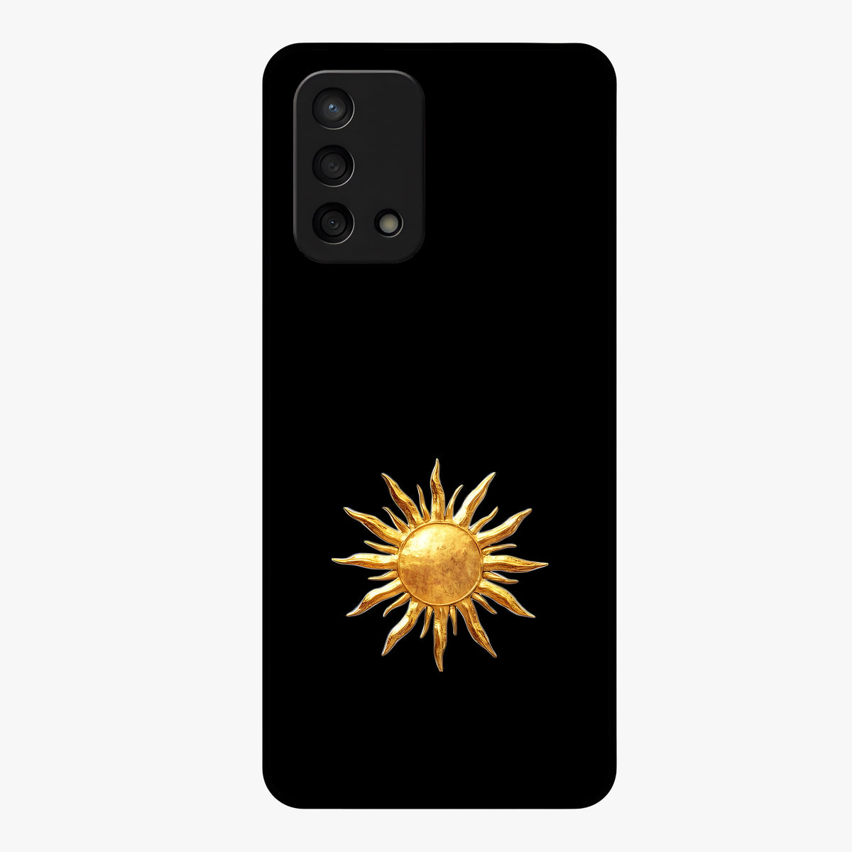 Golden Sun Minimalism Glass Case showing flat back view with minimal golden sun artwork and glossy glass finish.