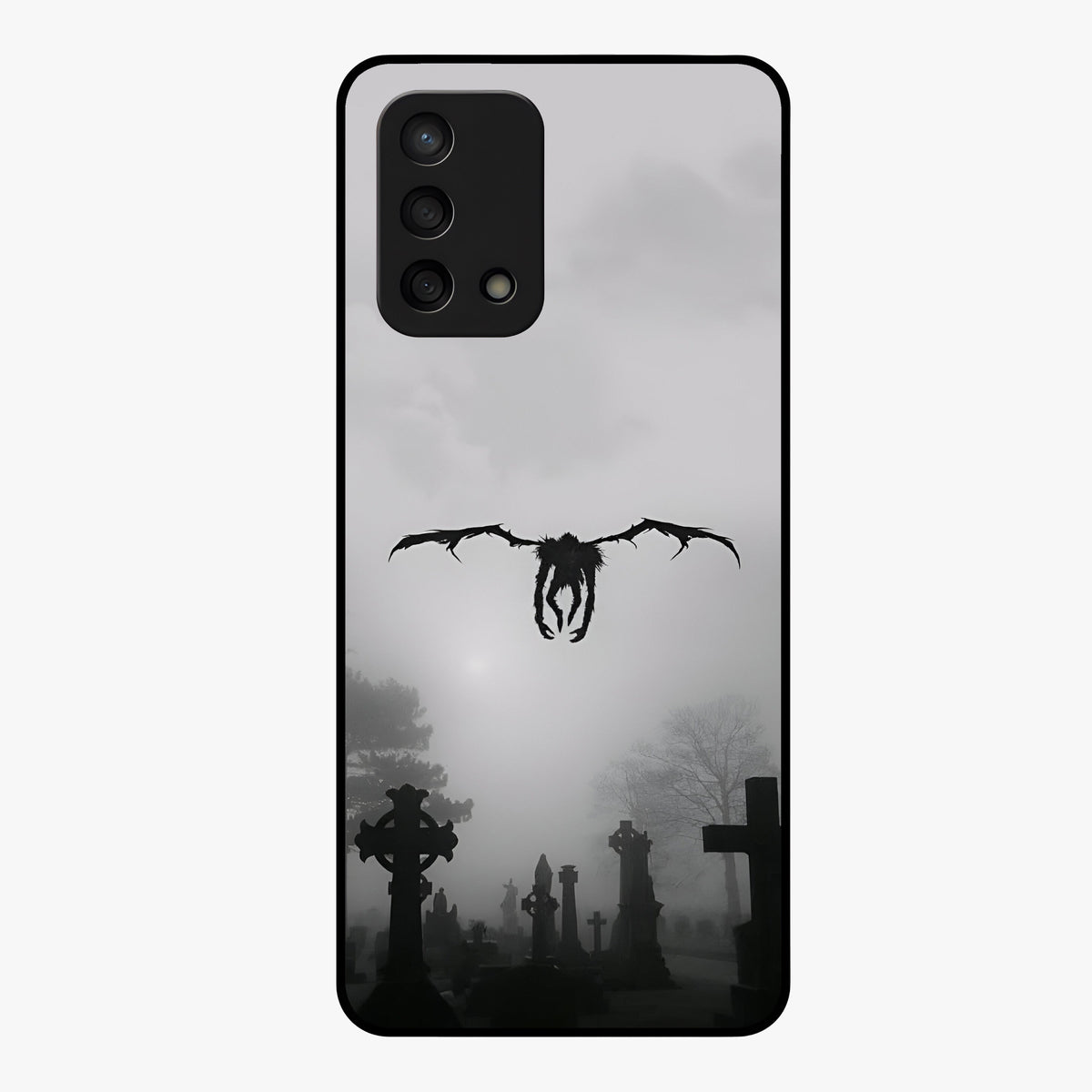 Graveyard Shadow Descent Glass Case showing flat back view with dark graveyard themed artwork and glossy glass finish.