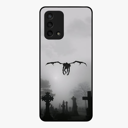 Graveyard Shadow Descent Glass Case showing flat back view with dark graveyard themed artwork and glossy glass finish.
