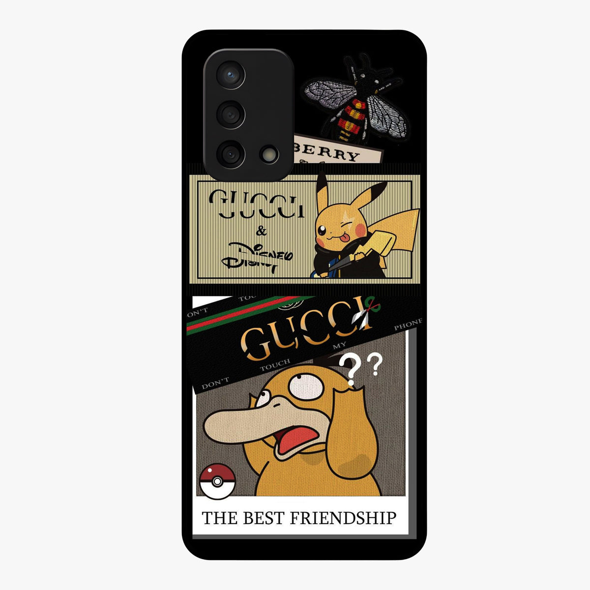 Gucci Play Mashup Glass Case showing flat back view with luxury inspired graphic artwork and glossy glass finish.