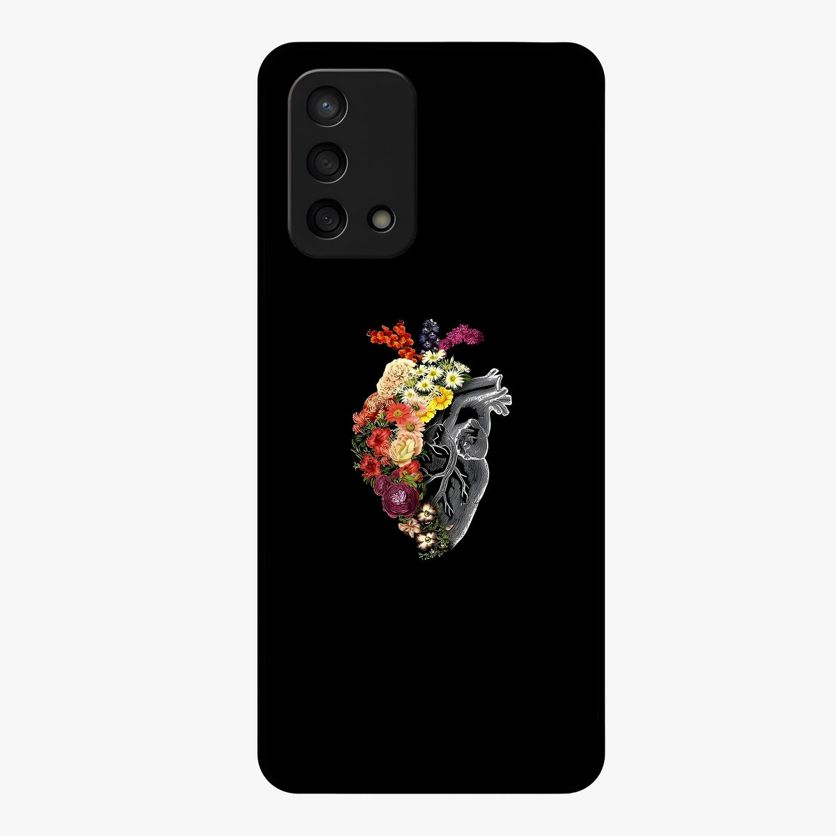Heart With Flowers Glass Case showing flat back view with heart shaped floral artwork and glossy glass finish.