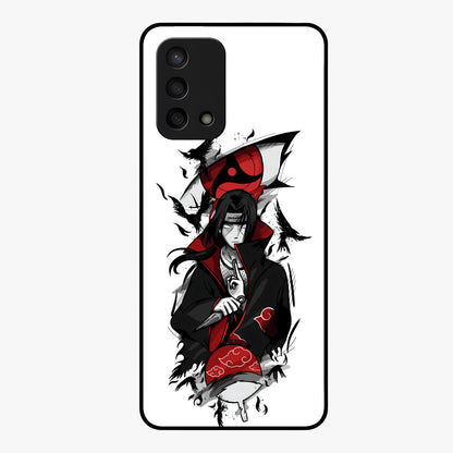 Itachi Sharingan Glass Case showing flat back view with powerful anime eye artwork and glossy glass finish.