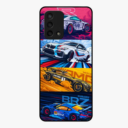 JDM Sports Car Glass Case showing flat back view with high performance sports car artwork and glossy glass finish.