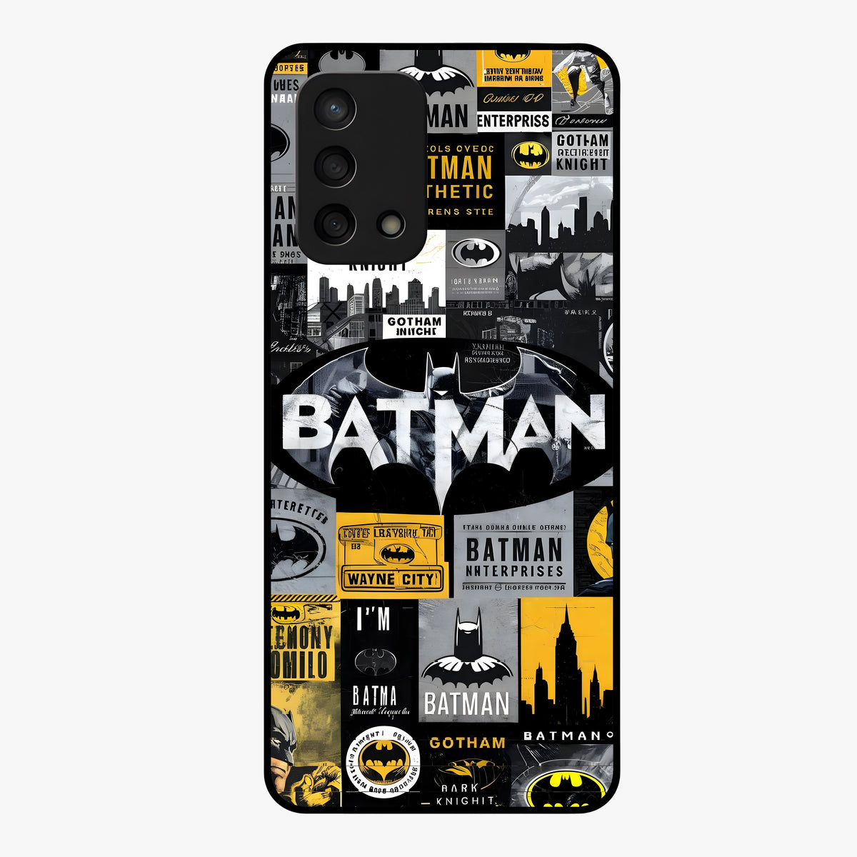 Knight Gotham Rise Glass Case showing flat back view with dark hero inspired artwork and glossy glass finish.