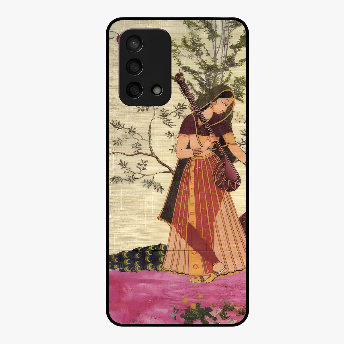 Lady With Veena Art Glass Case showing flat back view with elegant woman playing veena artwork and glossy glass finish.