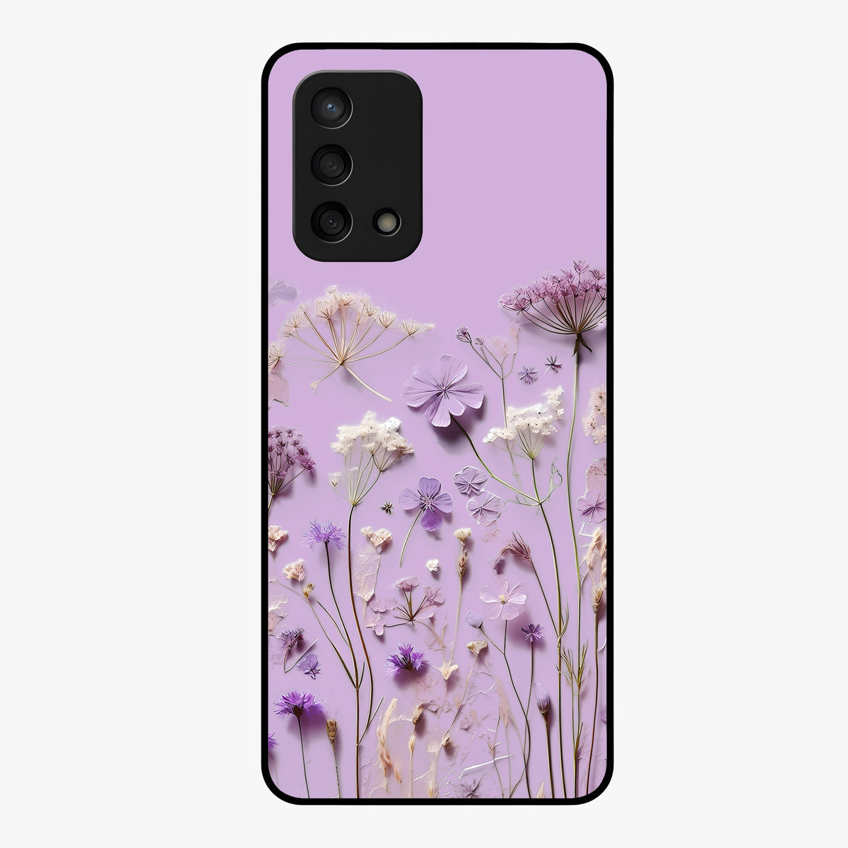Lavender Blossom Dream Glass Case showing flat back view with soft lavender floral artwork and glossy glass finish.