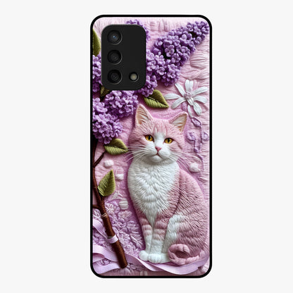 Lavender Cat Whimsy Glass Case showing flat back view with cute lavender cat artwork and glossy glass finish.