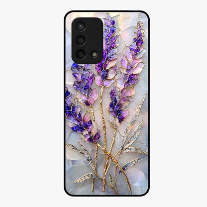 Lavender Dream Glow Glass Case showing flat back view with glowing lavender aesthetic artwork and glossy glass finish.