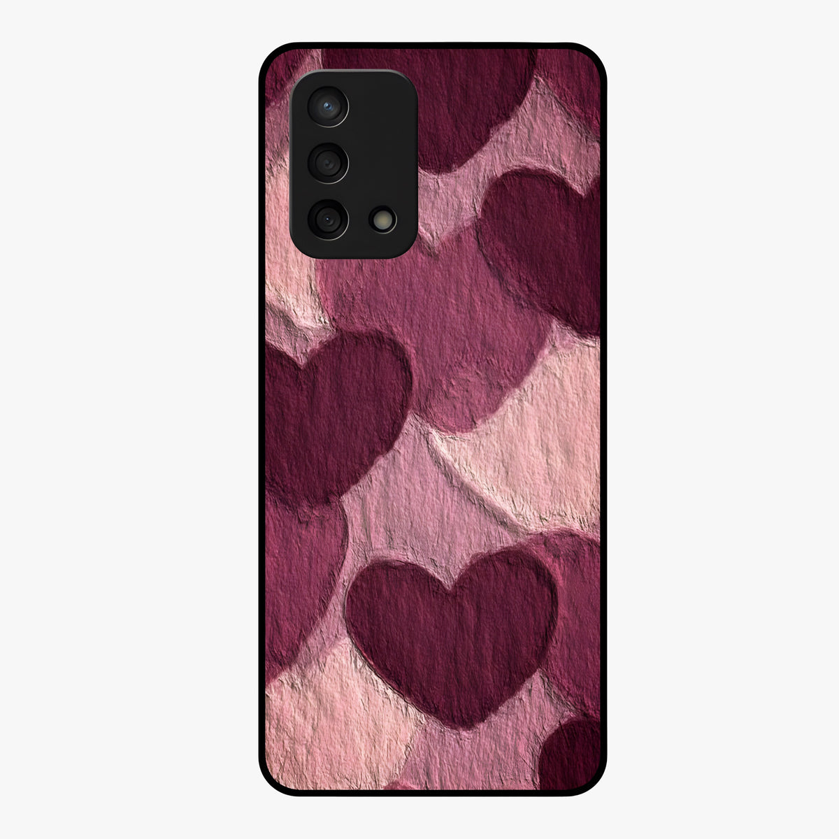 Layered Paper Hearts Glass Case showing flat back view with layered paper heart artwork and glossy glass finish.