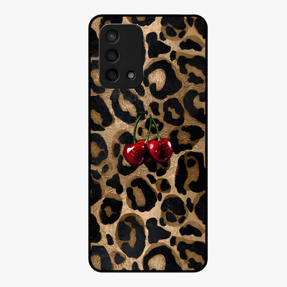 Leopard Wild Cherry Glass Case showing flat back view with leopard pattern and cherry artwork and glossy glass finish.