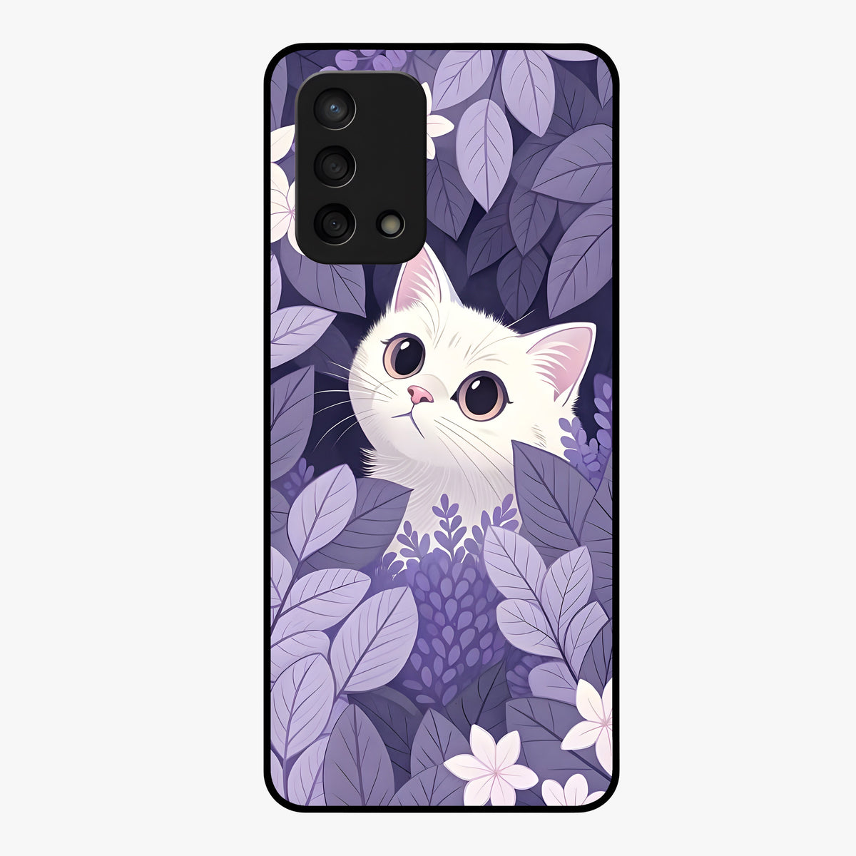 Lilac Hide Peek Cat Glass Case showing flat back view with cute peeking cat artwork and glossy glass finish.