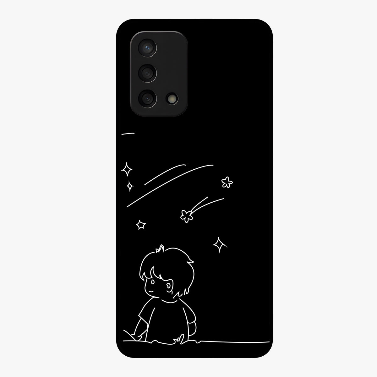 Line Art Boy With Shooting Stars Glass Case showing flat back view with minimal line art boy and shooting stars illustration and glossy glass finish.
