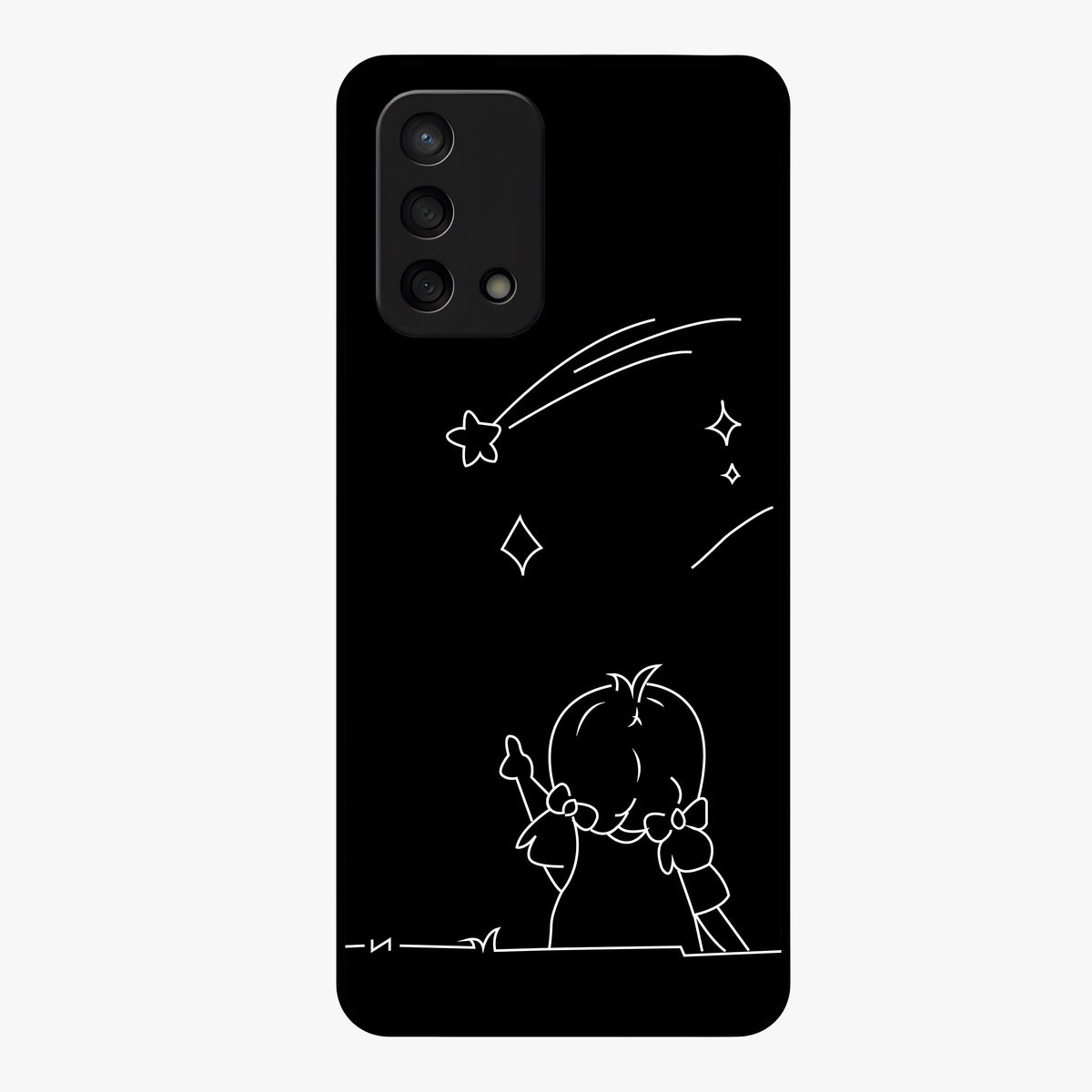 Line Art Girl With Shooting Stars Glass Case showing flat back view with minimal line art girl and shooting stars illustration and glossy glass finish.