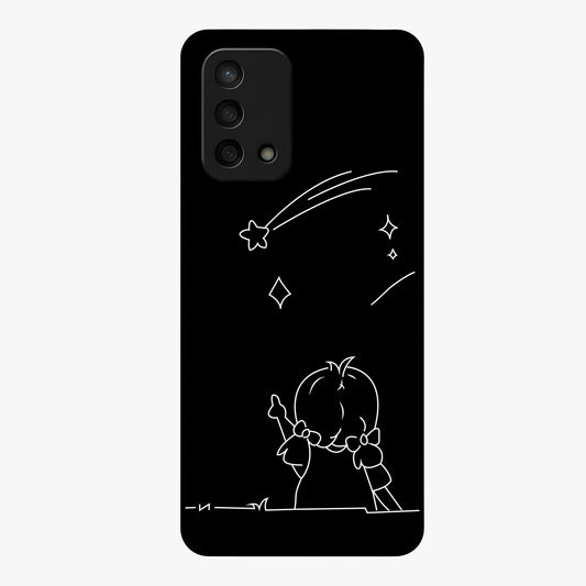Line Art Girl With Shooting Stars Glass Case showing flat back view with minimal line art girl and shooting stars illustration and glossy glass finish.