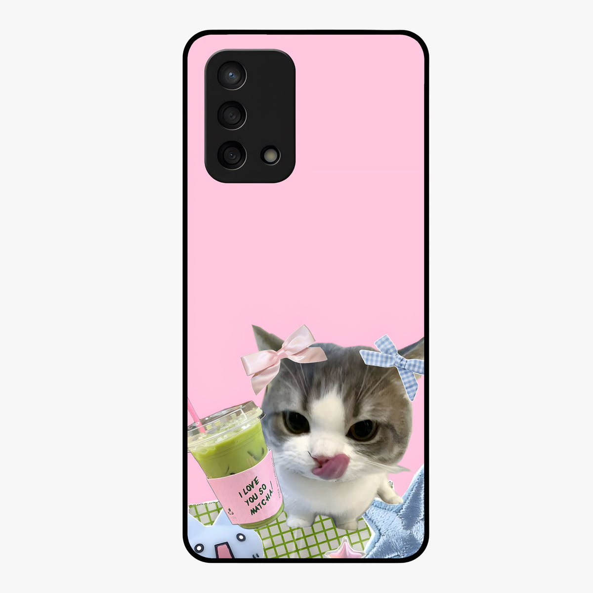 Love Matcha Cat Glass Case showing flat back view with cute cat and matcha themed artwork and glossy glass finish.