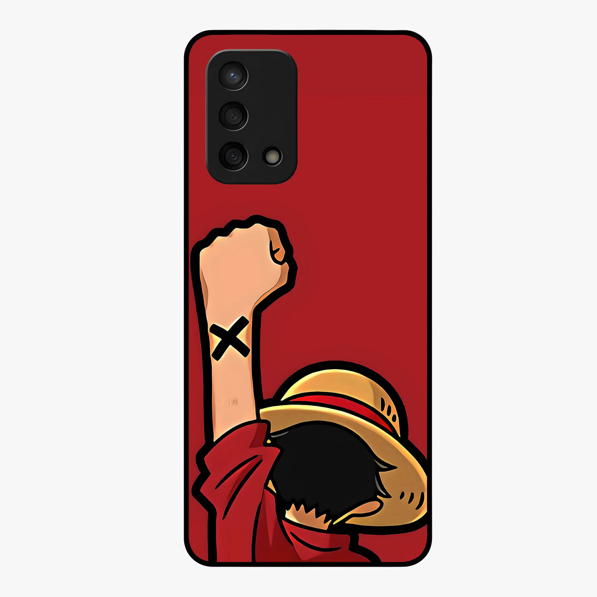 Luffy X Spirit Glass Case showing flat back view with bold anime character artwork and glossy glass finish.