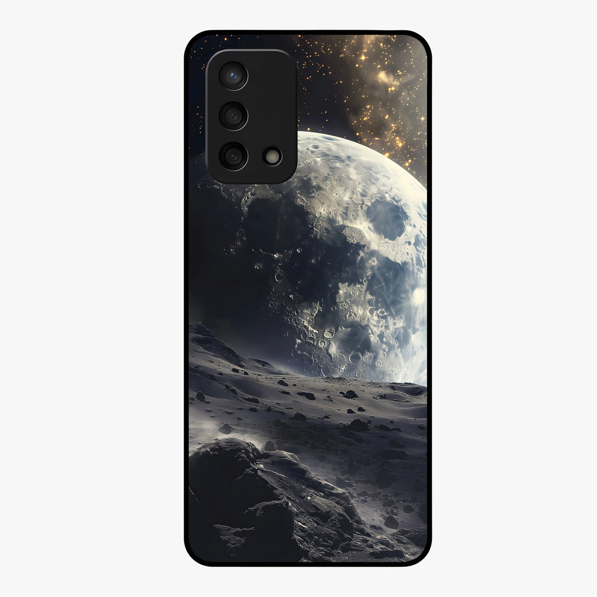 Lunar Horizon Glow Glass Case showing flat back view with glowing moon horizon artwork and glossy glass finish.
