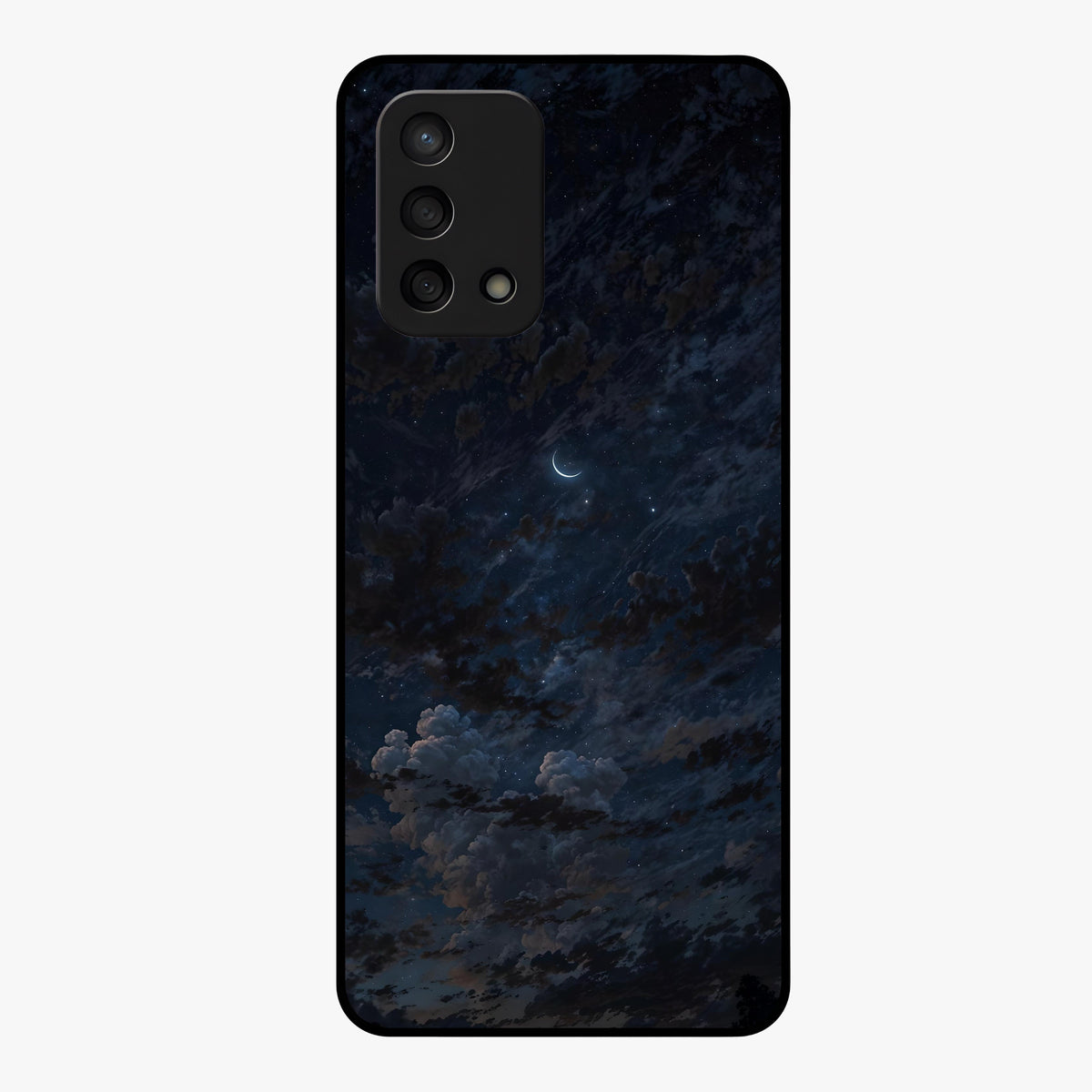 Lunar Veil Silence Glass Case showing flat back view with mystical moon veil artwork and glossy glass finish.