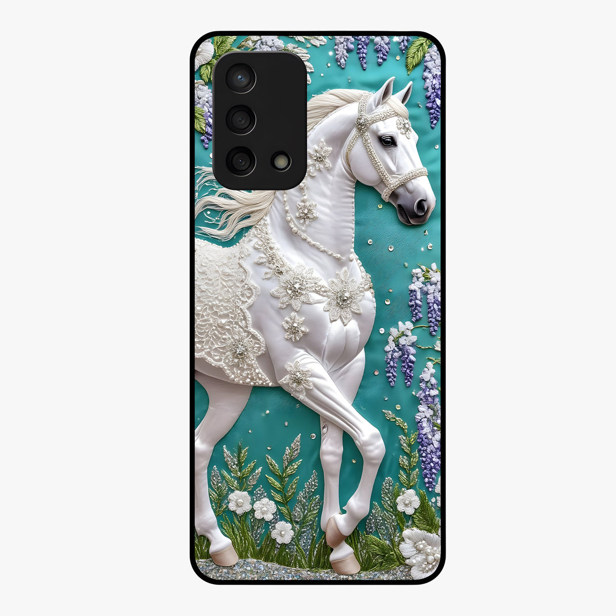 Majestic Floral Stallion Glass Case showing flat back view with powerful horse and floral artwork and glossy glass finish.