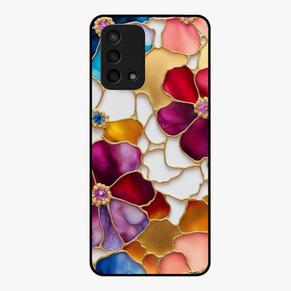 Marble Flower Pattern Glass Case showing flat back view with marble texture floral artwork and glossy glass finish.