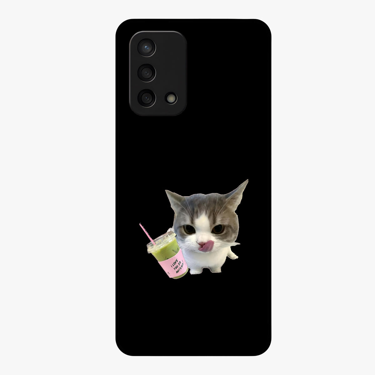 Matcha Cat Style Glass Case showing flat back view with cute matcha themed cat artwork and glossy glass finish.