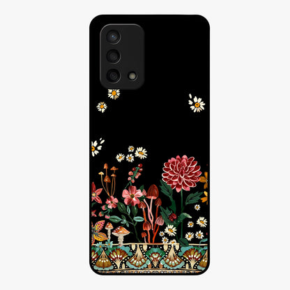 Midnight Bloom Pattern Glass Case showing flat back view with dark floral pattern artwork and glossy glass finish.