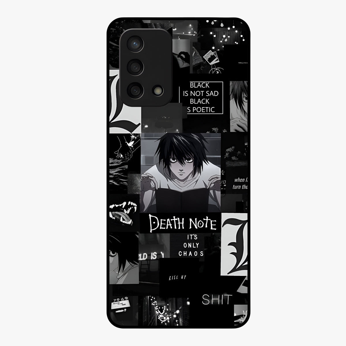 Midnight Chaos Mind Glass Case showing flat back view with abstract dark themed artwork and glossy glass finish.