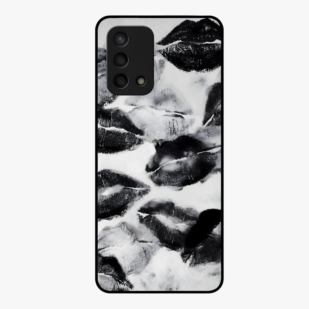 Midnight Kiss Marks Glass Case showing flat back view with lipstick kiss mark artwork and glossy glass finish.
