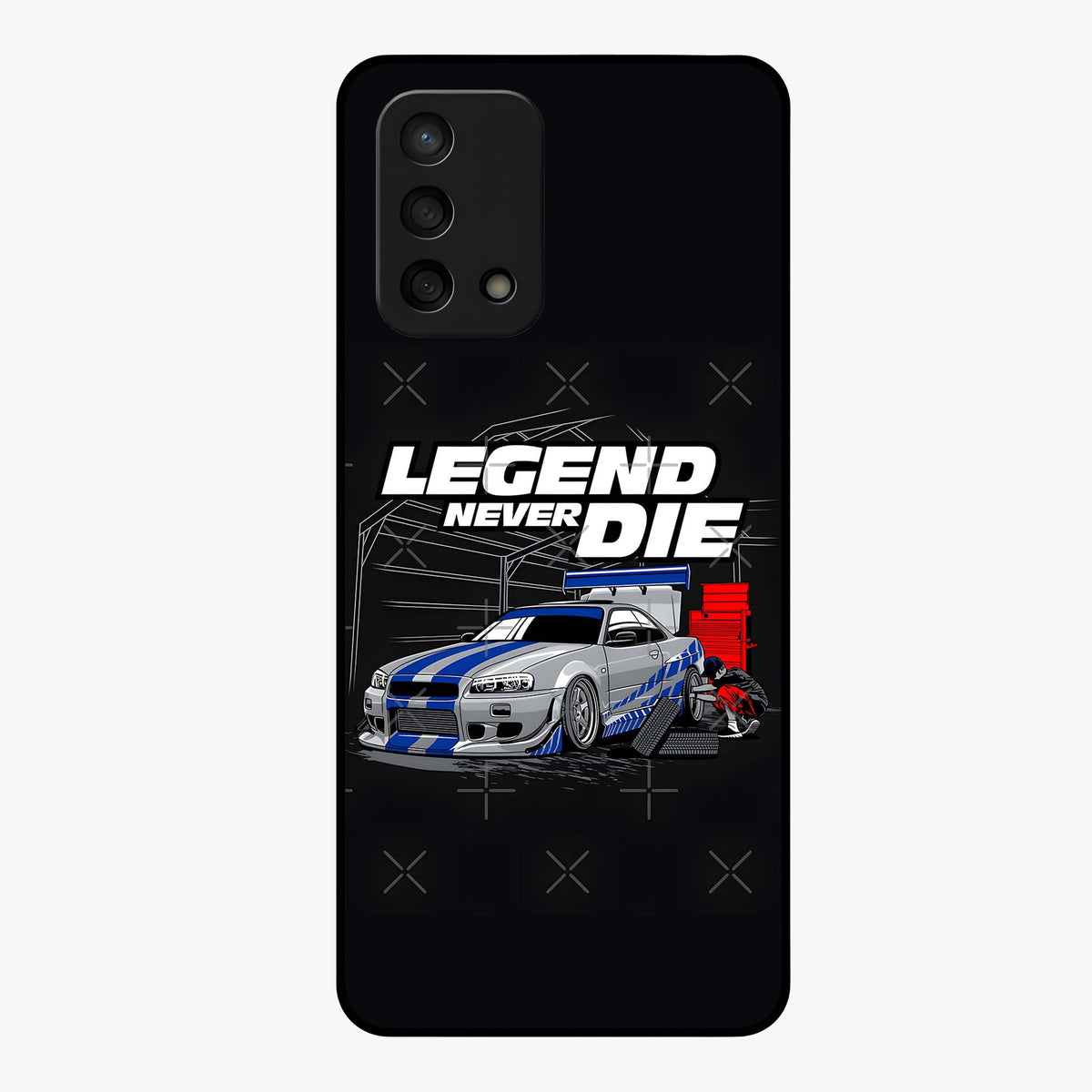 Midnight Racing Legacy Glass Case showing flat back view with sleek racing inspired artwork and glossy glass finish.
