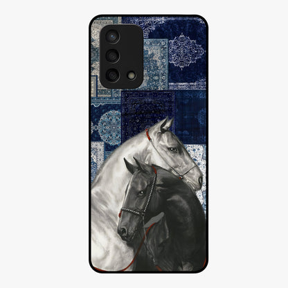 Midnight Stallion Blues Glass Case showing flat back view with majestic horse artwork and glossy glass finish.