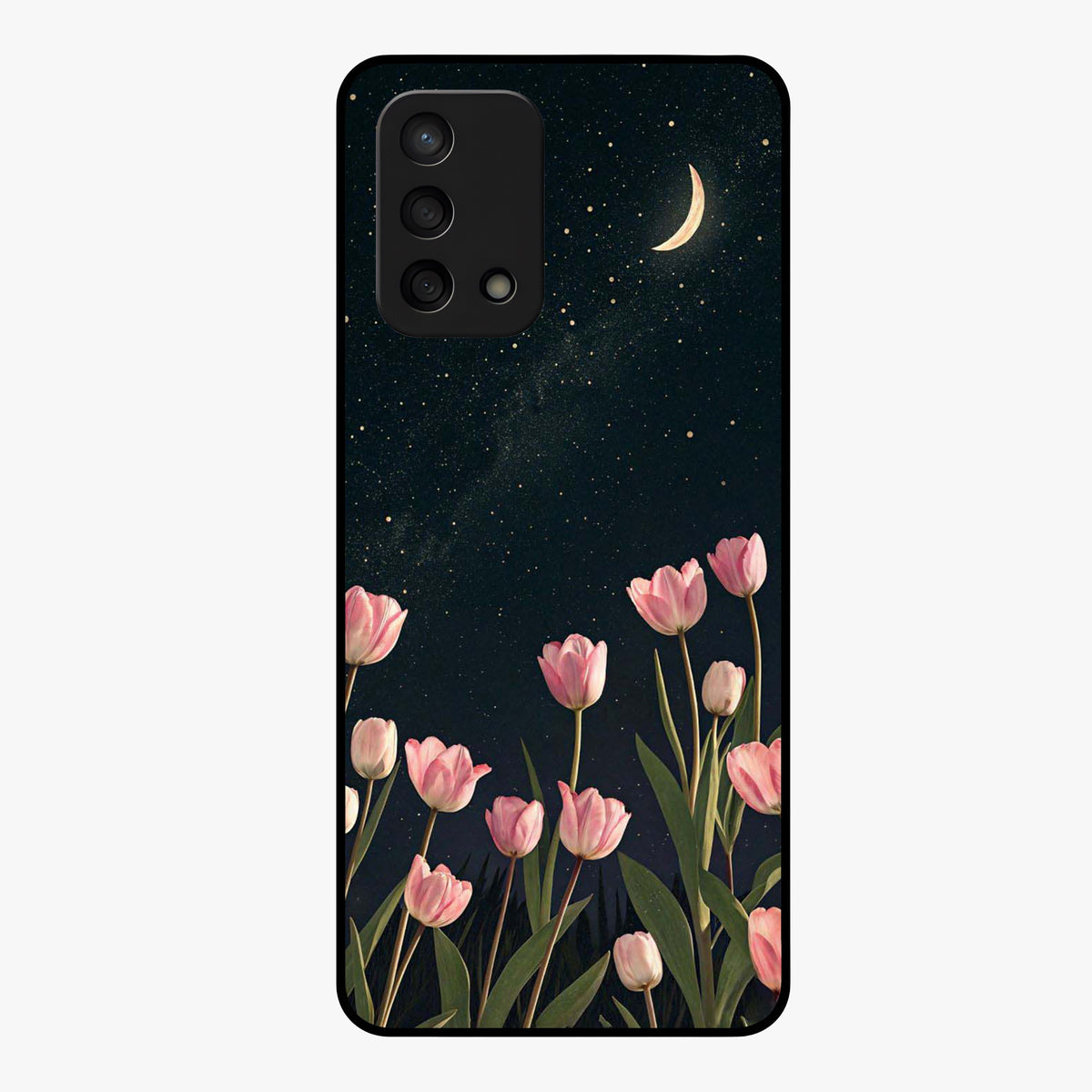 Midnight Tulip Whispers Vibe Glass Case showing flat back view with elegant tulip flower artwork and glossy glass finish.