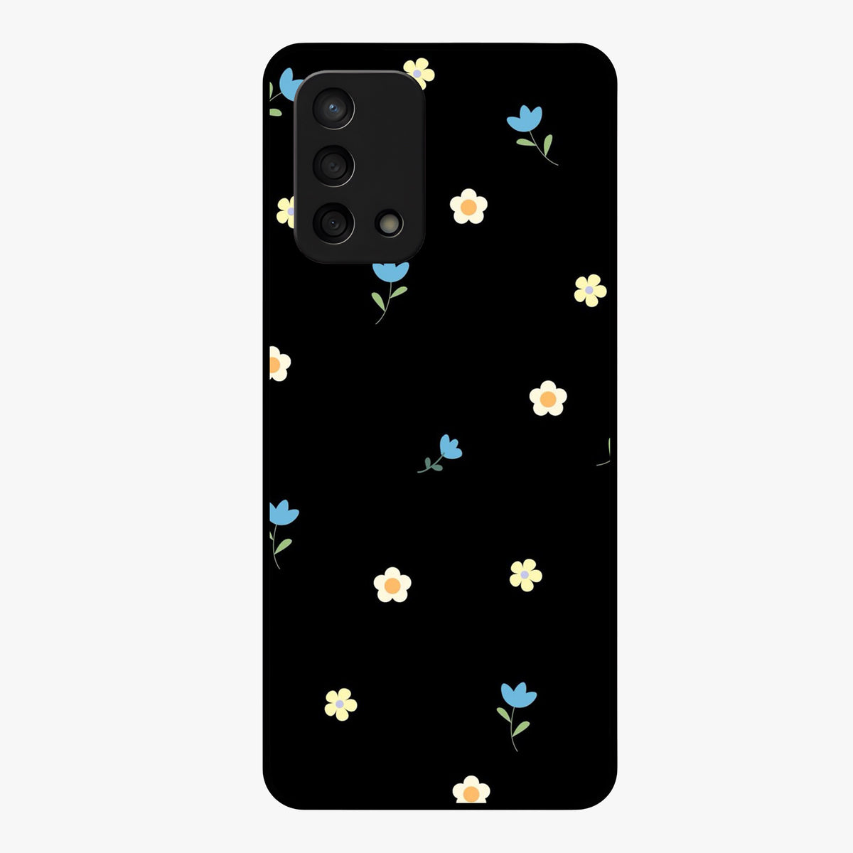 Minimalistic Blue With White Flower Pattern Glass Case showing flat back view with blue background and white flower pattern and glossy glass finish.