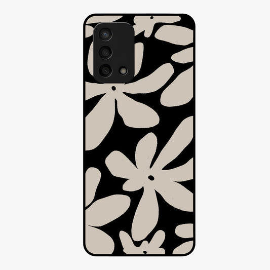 Monochrome Petal Dance Glass Case showing flat back view with monochrome floral artwork and glossy glass finish.