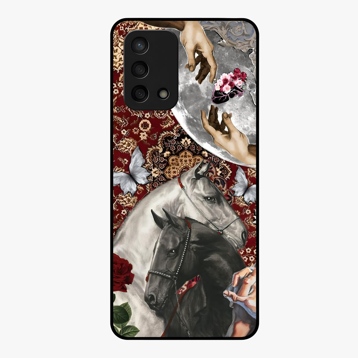 Moonlit Royal Stallion Glass Case showing flat back view with majestic horse under moonlight artwork and glossy glass finish.