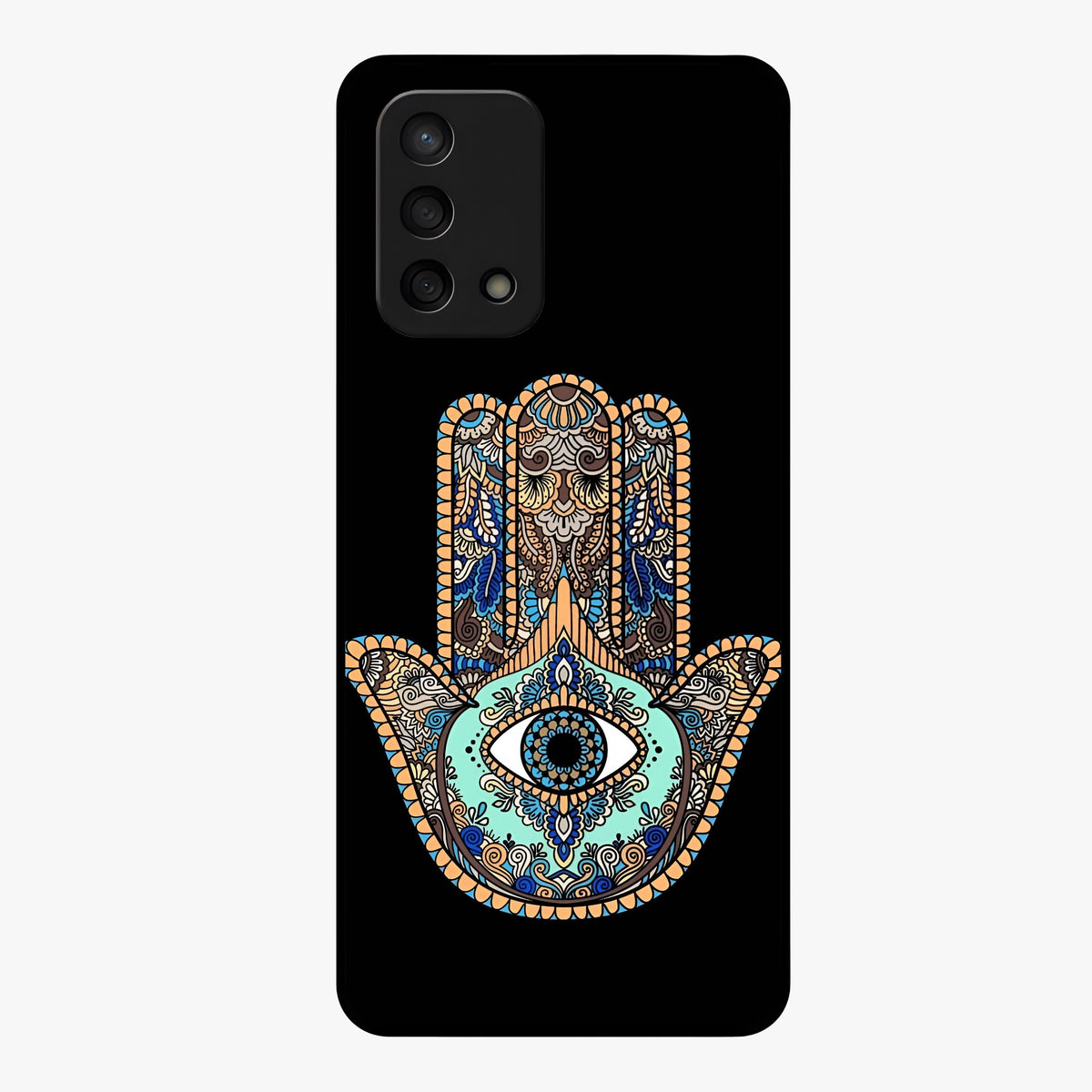Mystic Hamsa Eye Glass Case showing flat back view with protective hamsa hand and evil eye artwork and glossy glass finish.