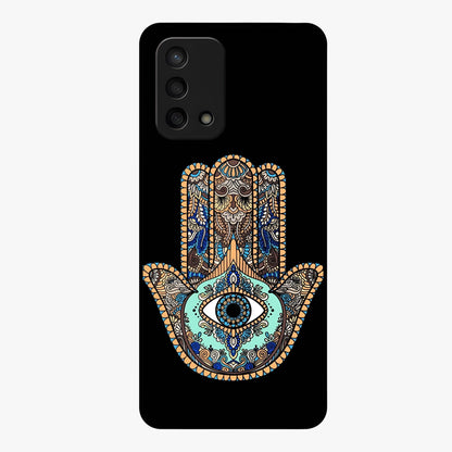Mystic Hamsa Eye Glass Case showing flat back view with protective hamsa hand and evil eye artwork and glossy glass finish.