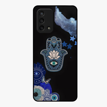 Mystic Hand Aura Glass Case showing flat back view with mystical hand symbol artwork and glossy glass finish.