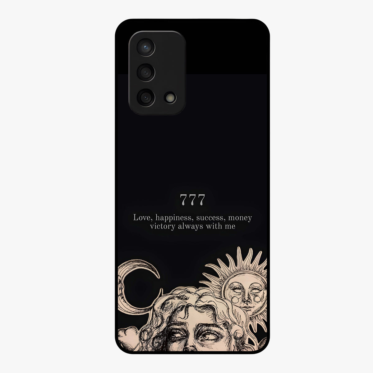 Mystic Victory Aura Glass Case showing flat back view with victory symbol artwork and glossy glass finish.
