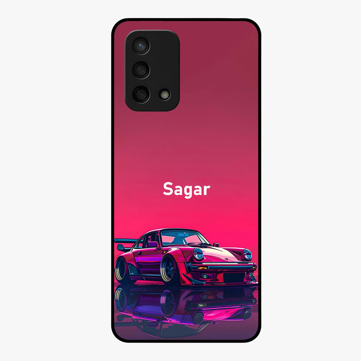 Neon Pink Porsche Glass Case showing flat back view with stylish sports car artwork and glossy glass finish.