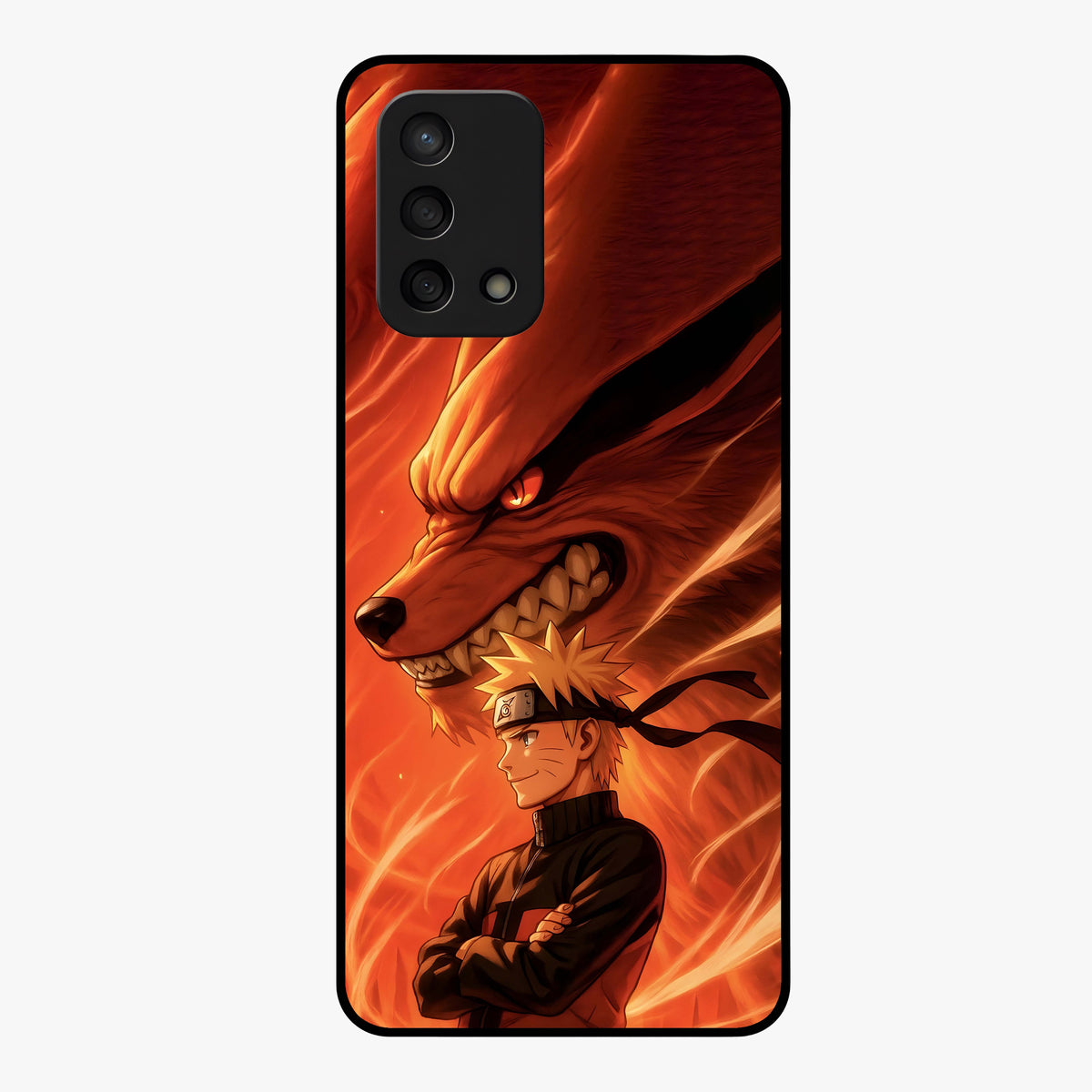 Nine Tails Legacy Glass Case showing flat back view with powerful nine-tailed fox inspired artwork and glossy glass finish.